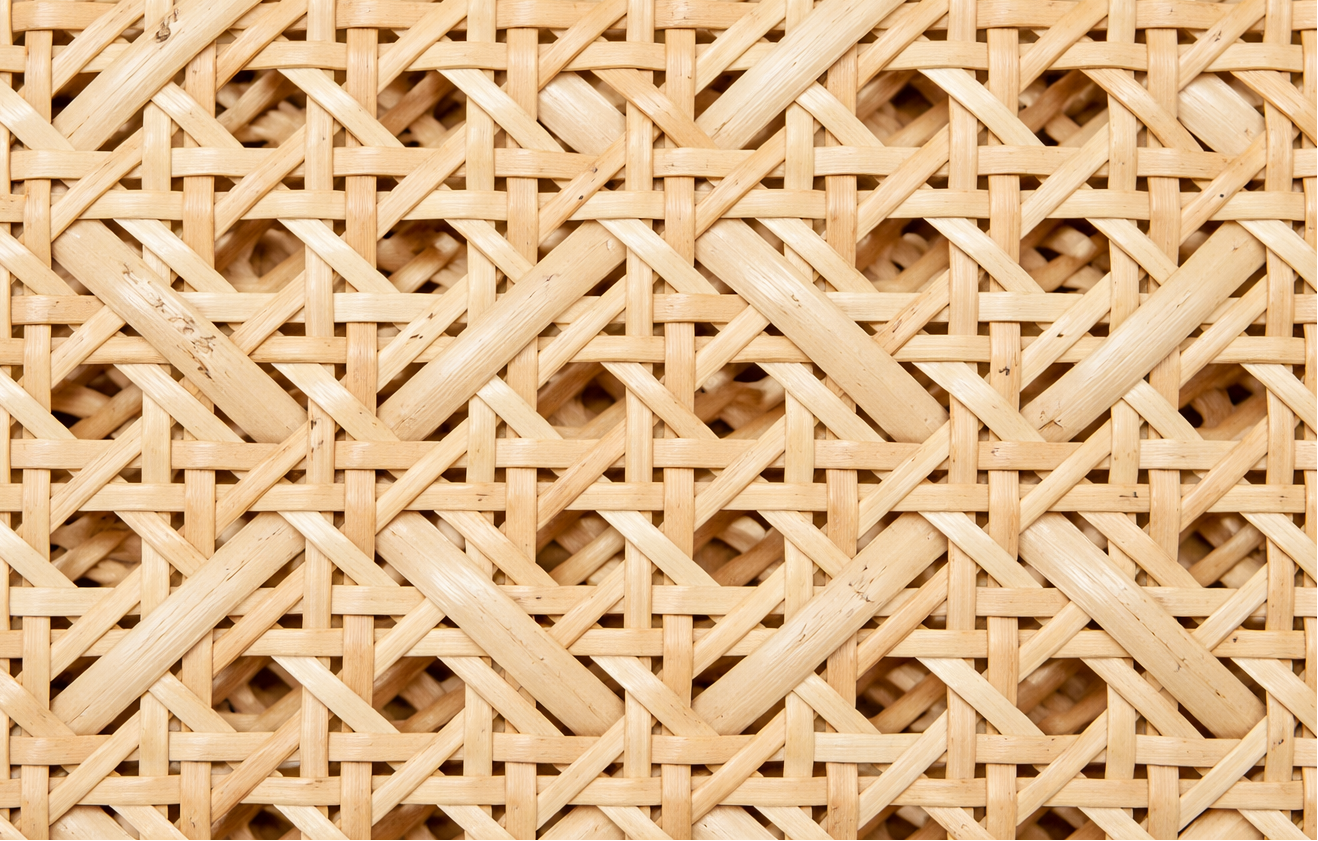 Detalle de la rejilla de mimbre en ratán natural rombo cuadriculado 60 cm con piel